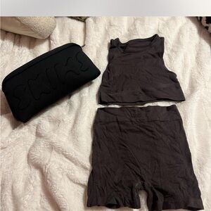 SKIMS Ribbed Black Crop Tank and Bike Shorts Set and bag